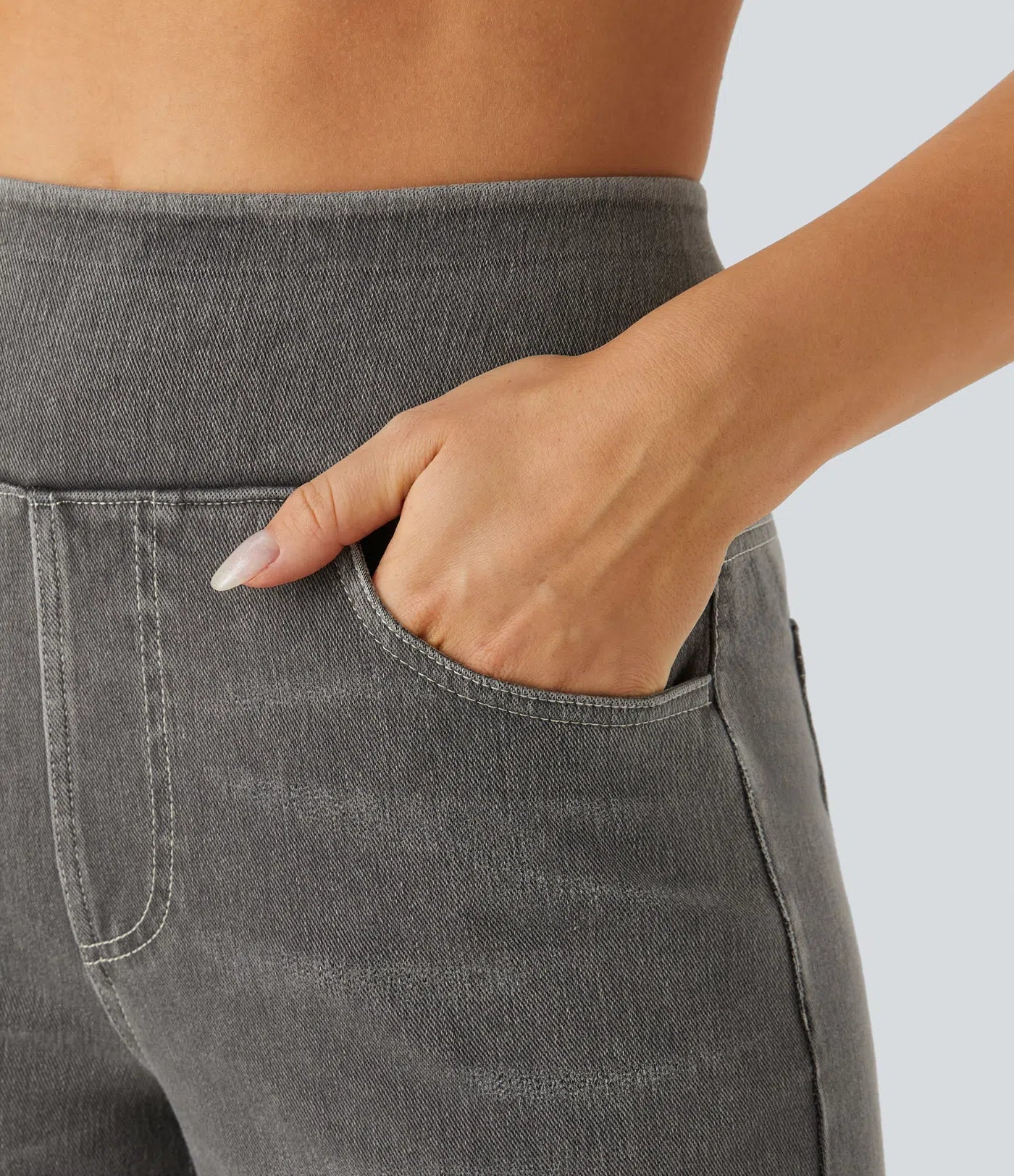 High Waisted Multiple Pockets Baggy Wide Leg Washed Stretchy Knit Casual Jeans