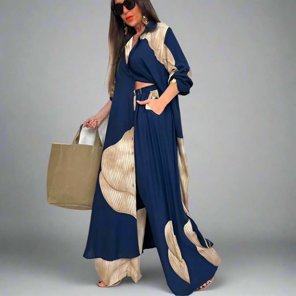 Printed mid-length top and wide-leg pants two-piece set