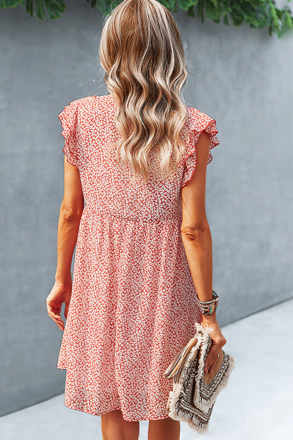 Ruffled Flower Print V Neck Cusual Dress
