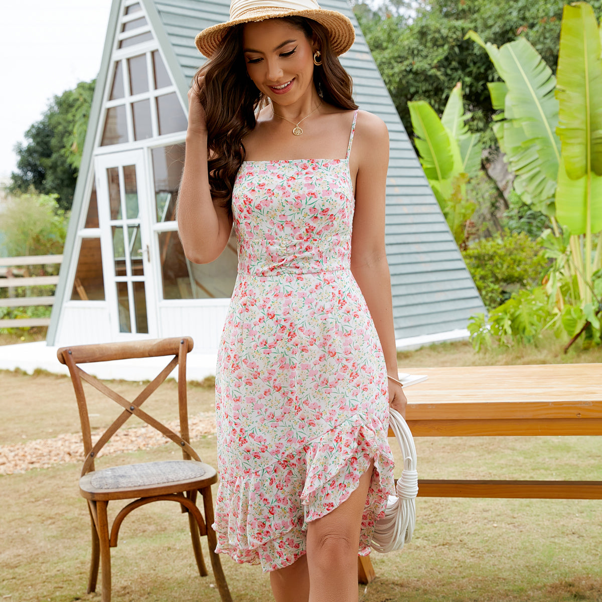 Floral Print Ruffle Hem Sleeveless Dress