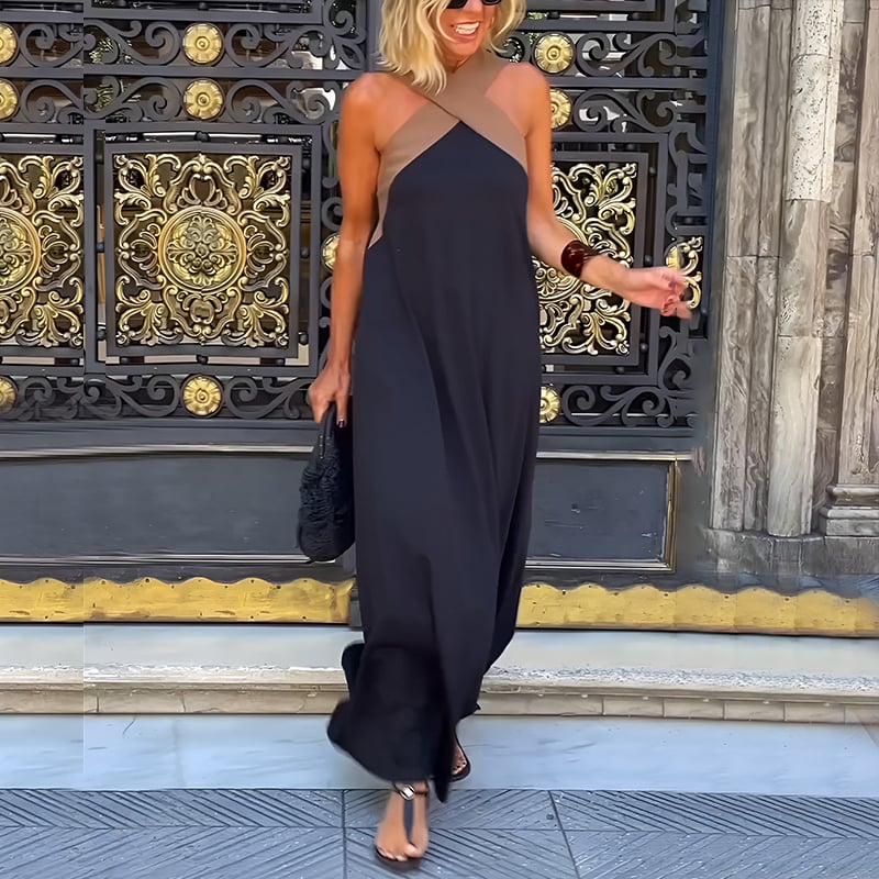 Cross Backless Contrast Color Elegant Dress