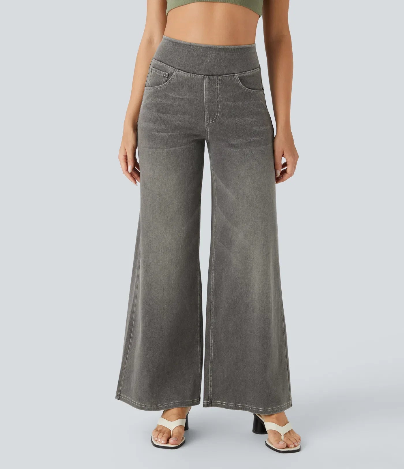 High Waisted Multiple Pockets Baggy Wide Leg Washed Stretchy Knit Casual Jeans