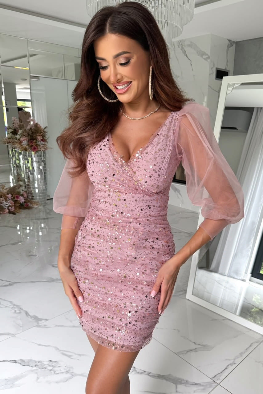 Mesh Sequin Balloon Sleeve Ruched Mini Dress