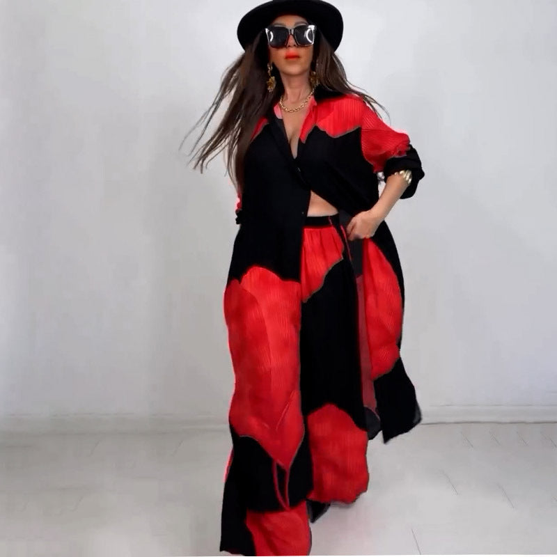 Printed mid-length top and wide-leg pants two-piece set