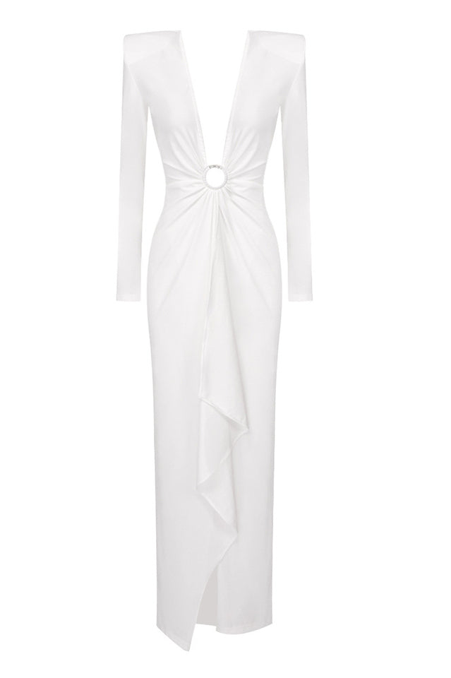 Draped Ring Detailed Deep V Neck Dress