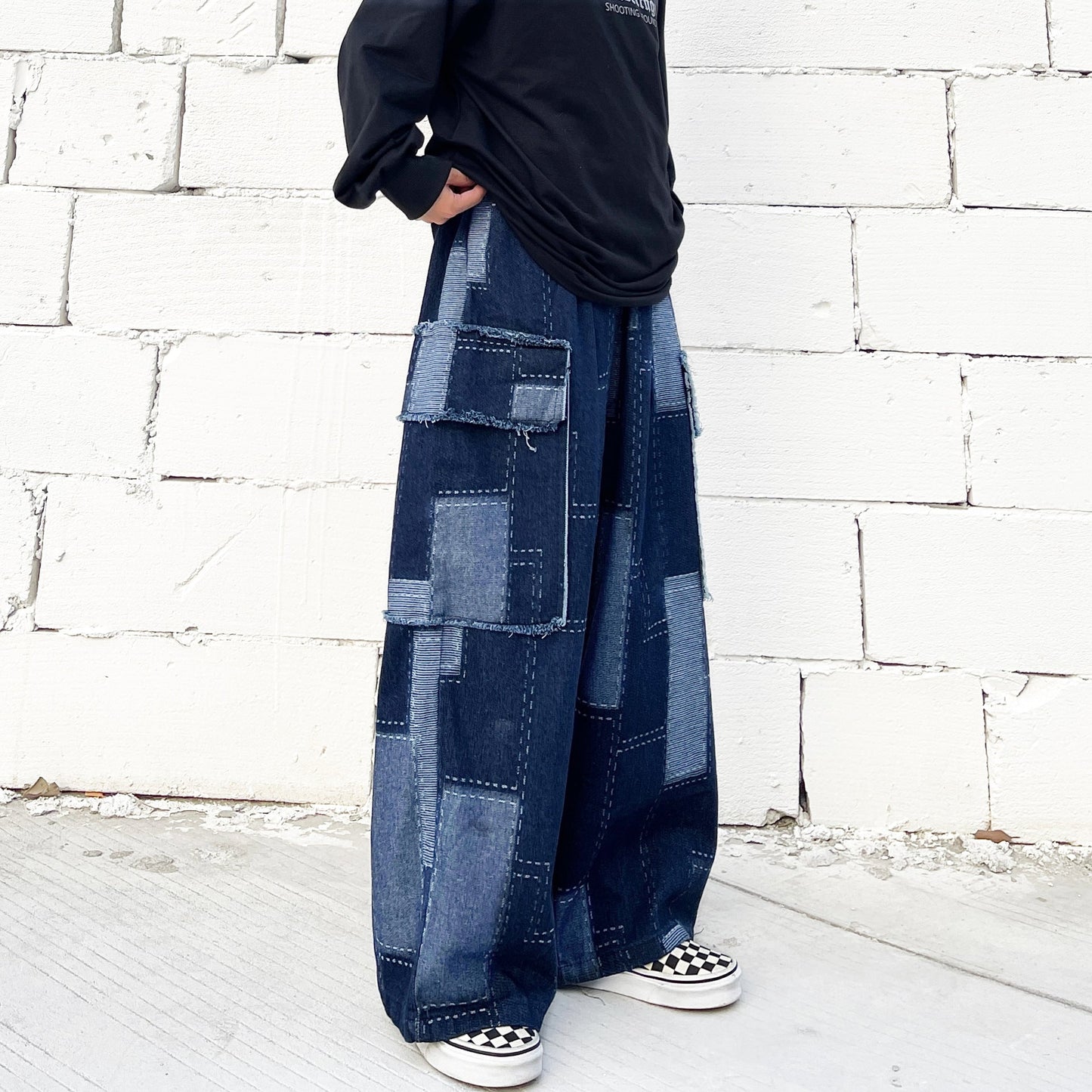 Vintage Blue Checkered Baggy Cargo Jeans