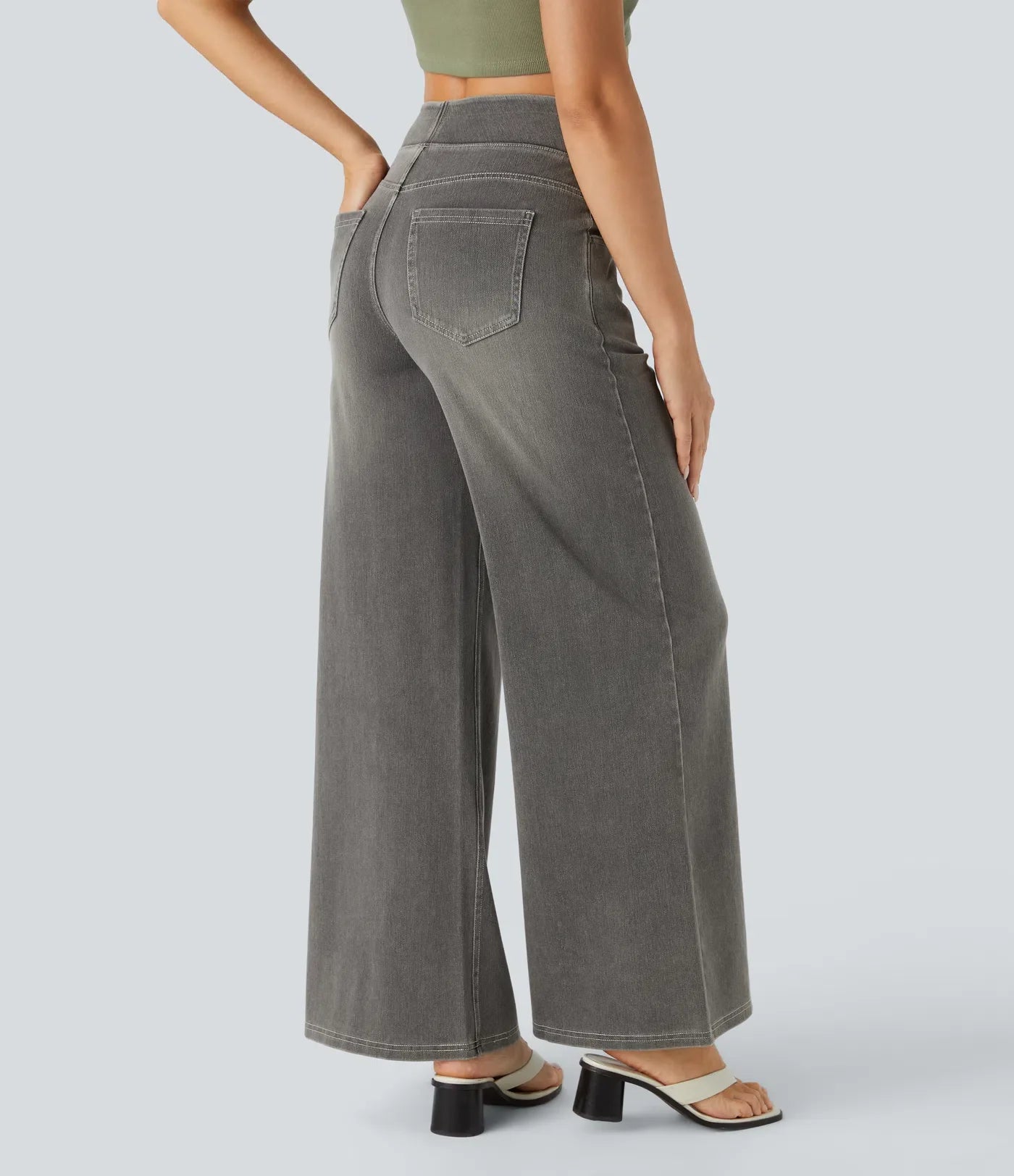 High Waisted Multiple Pockets Baggy Wide Leg Washed Stretchy Knit Casual Jeans