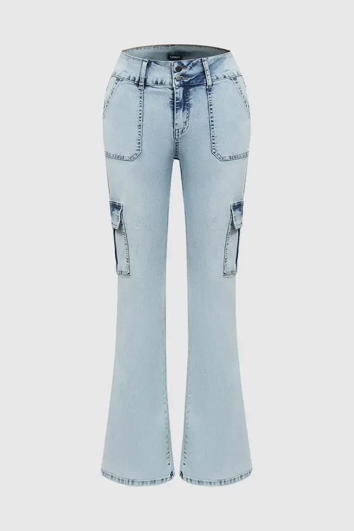 Multi Pocket Double Button Mid Rise Flare Cargo Jeans