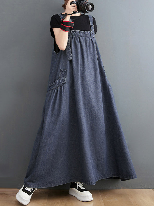Vintage Loose Artistic Retro Solid Color Strap Denim Midi Dress