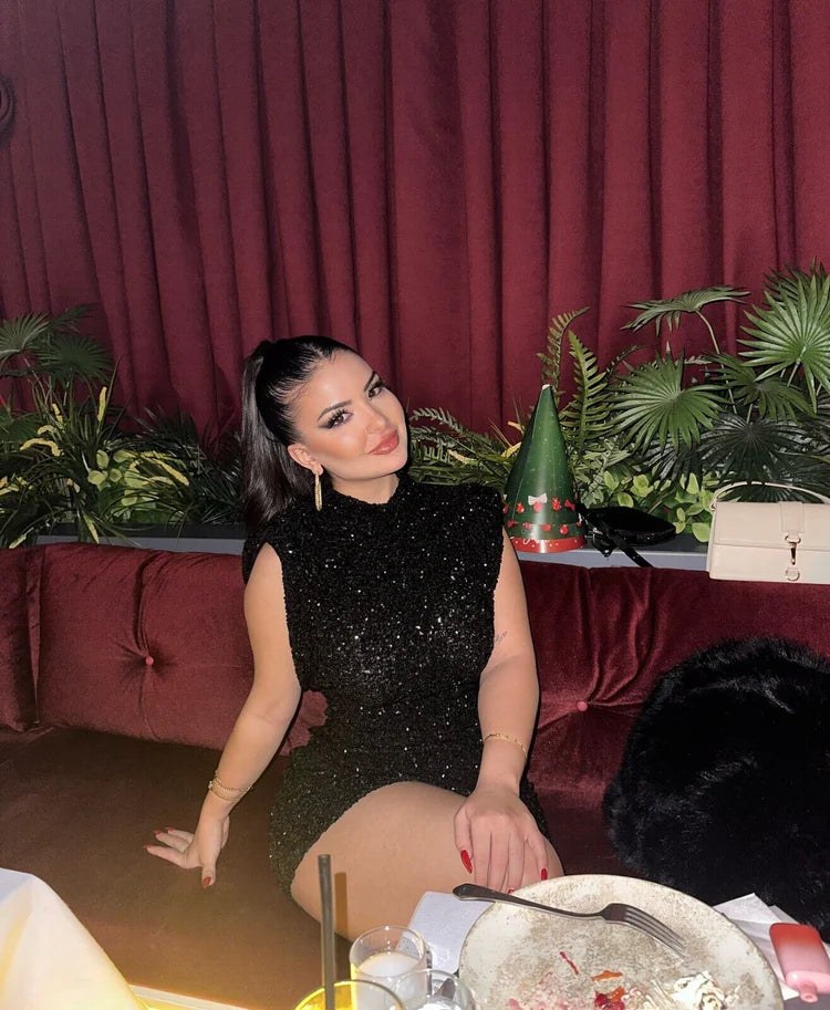 Shoulder padded Sequin Mini Dress