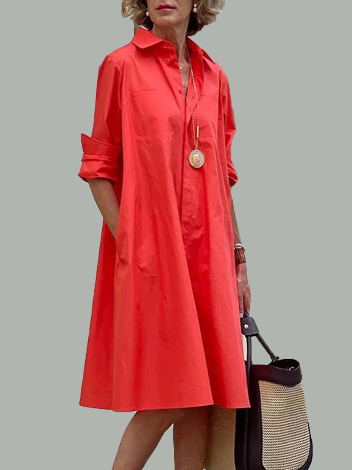 Shirt Dress Long sleeve Plain Simple Dress