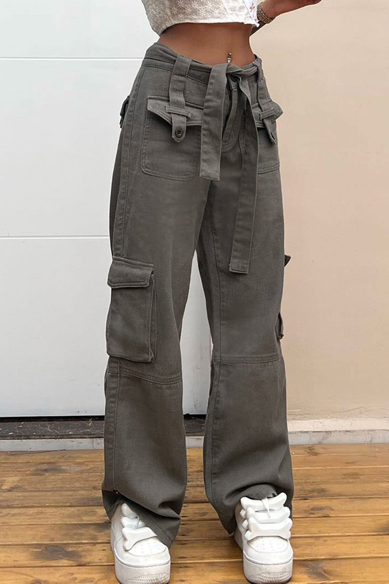 Belted Baggy Denim Cargo Jeans