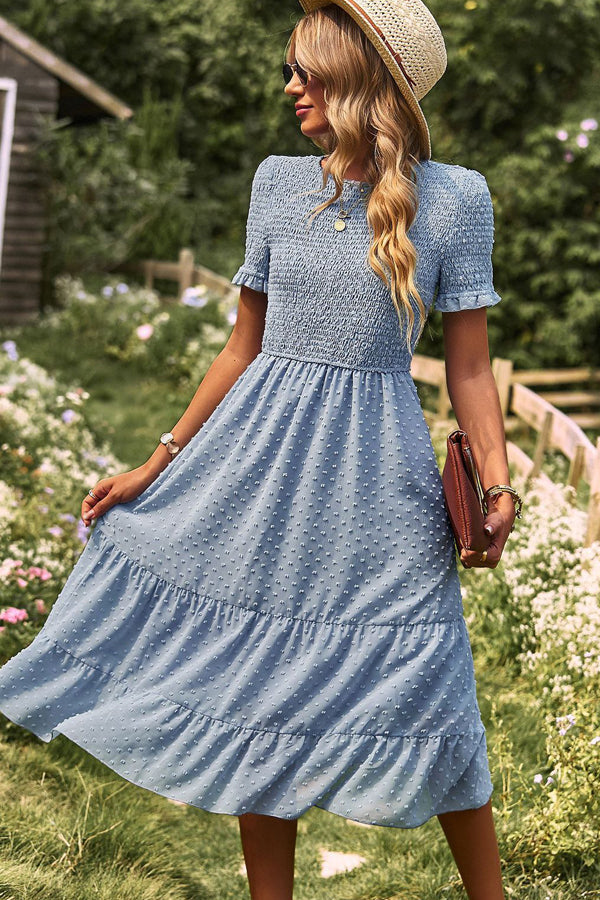 Smocked Design Ruffle Hem Casual Dress