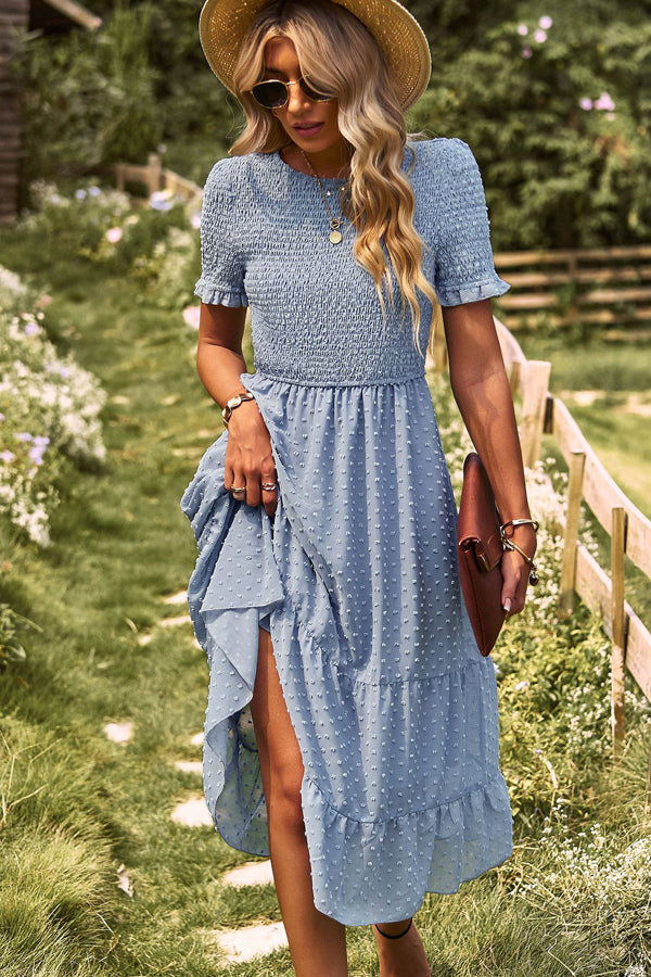 Smocked Design Ruffle Hem Casual Dress