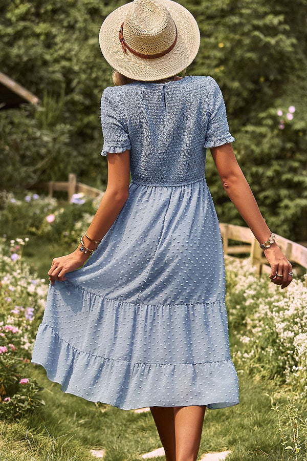 Smocked Design Ruffle Hem Casual Dress