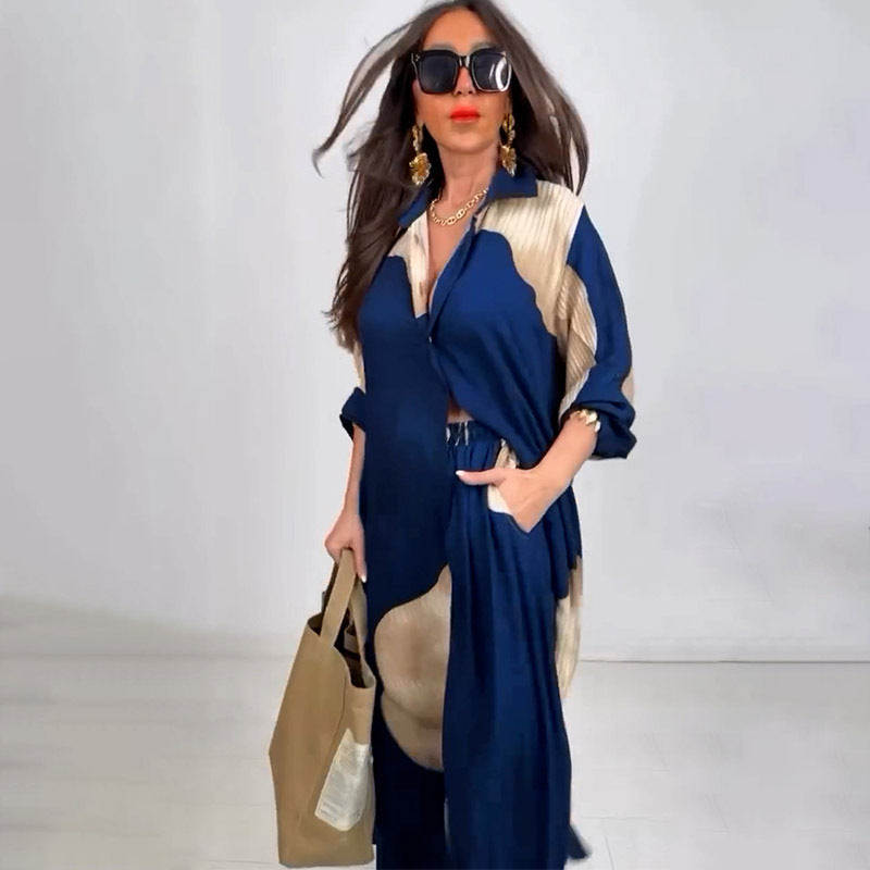 Printed mid-length top and wide-leg pants two-piece set