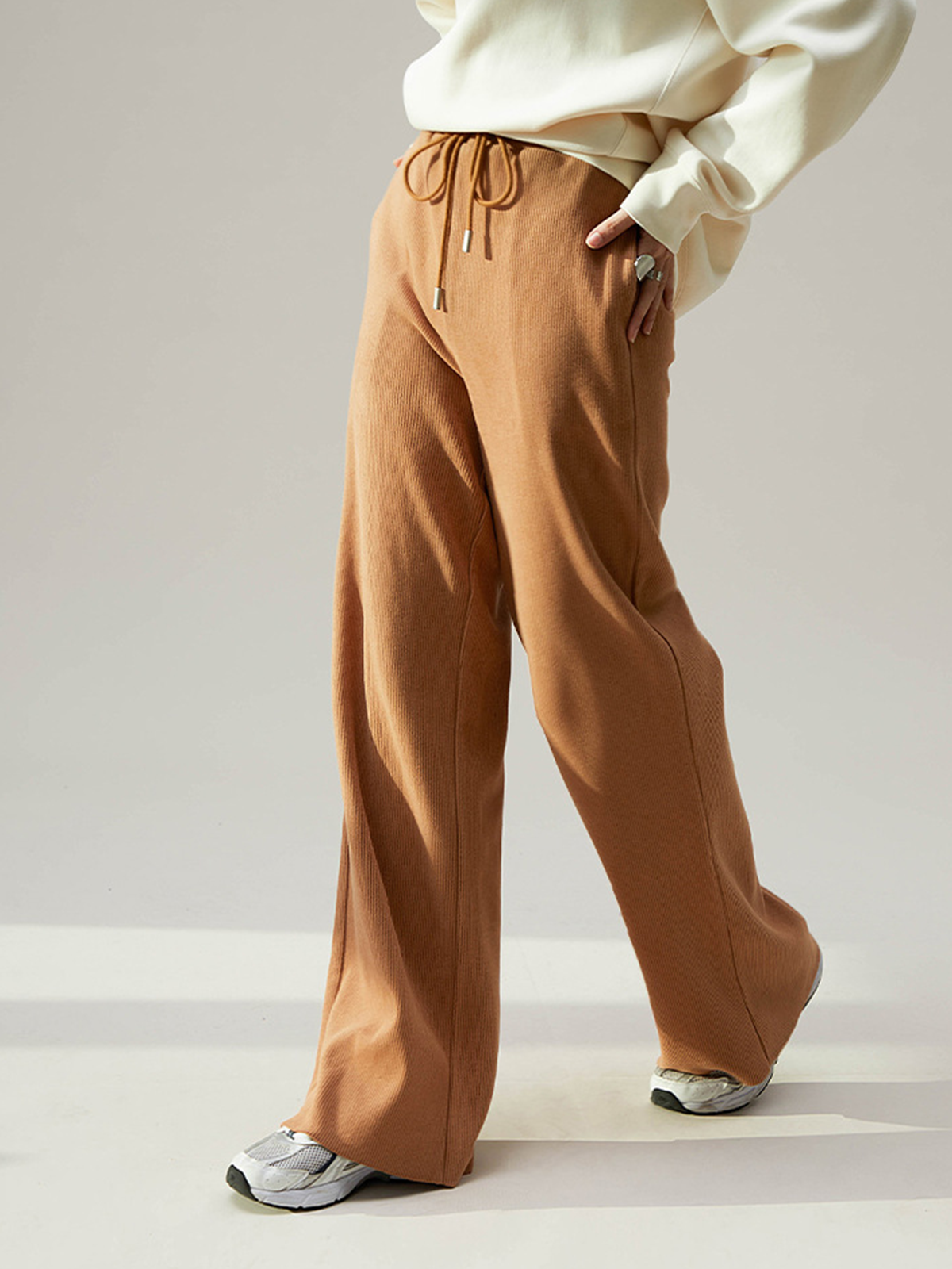 Camel Drawstring Ribbed Wide Leg Pants
