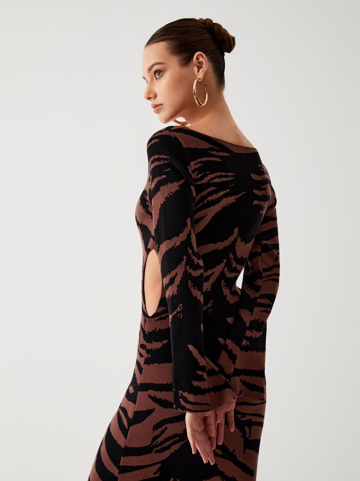 Tiger Print Cutout Long Sleeve Midi Sweater Dress