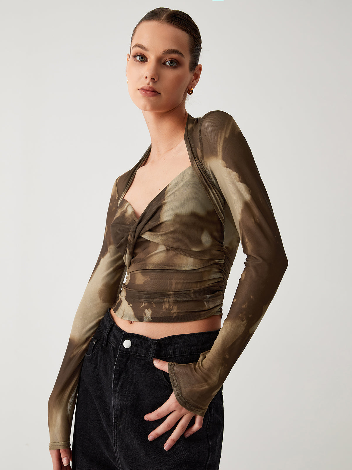 Tie Dye Mesh Twist Long Sleeve Crop Shirt