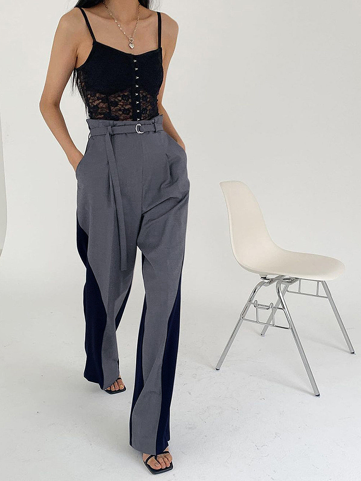 Belted Two Tone Wide Leg Pants