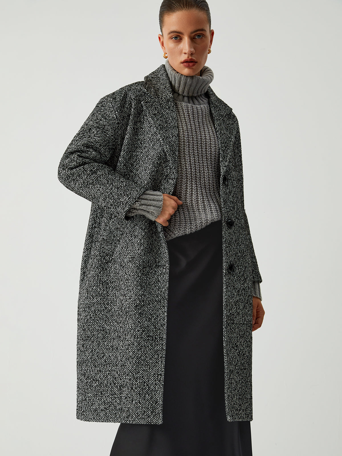 Single Breasted Longline Tweed Coat