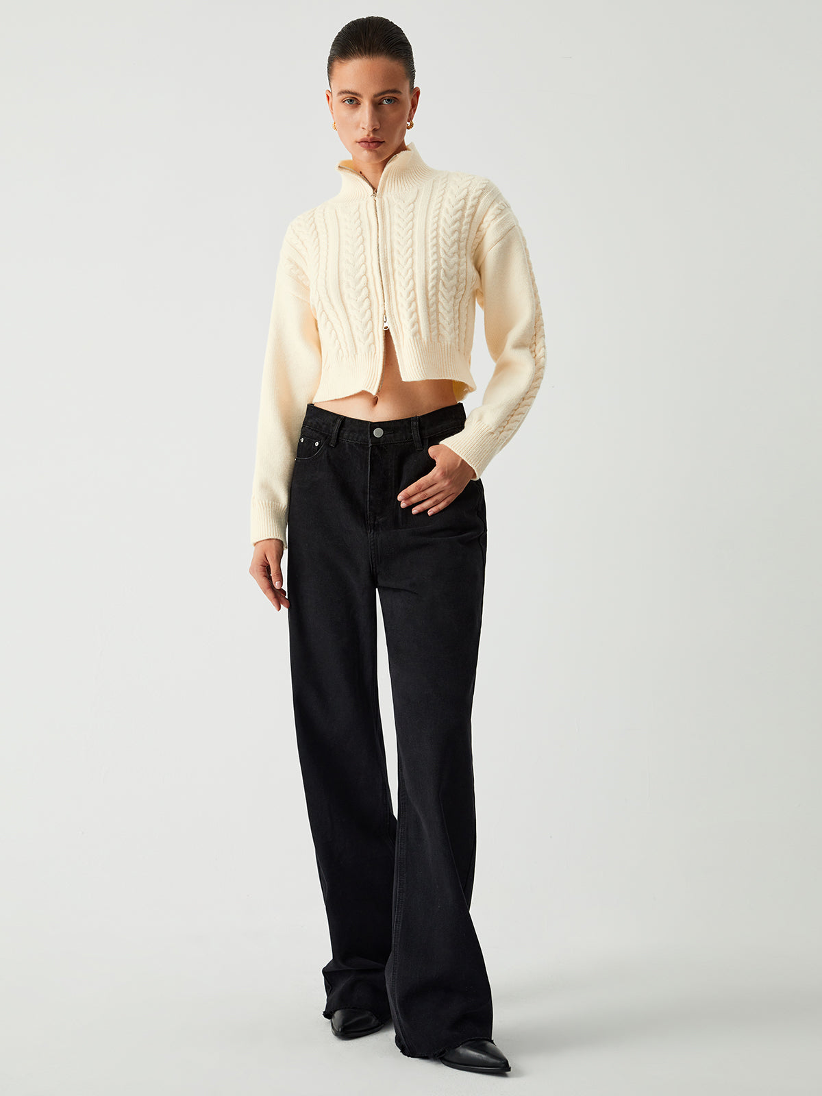 Cable Knit Two Way Zip Crop Cardigan