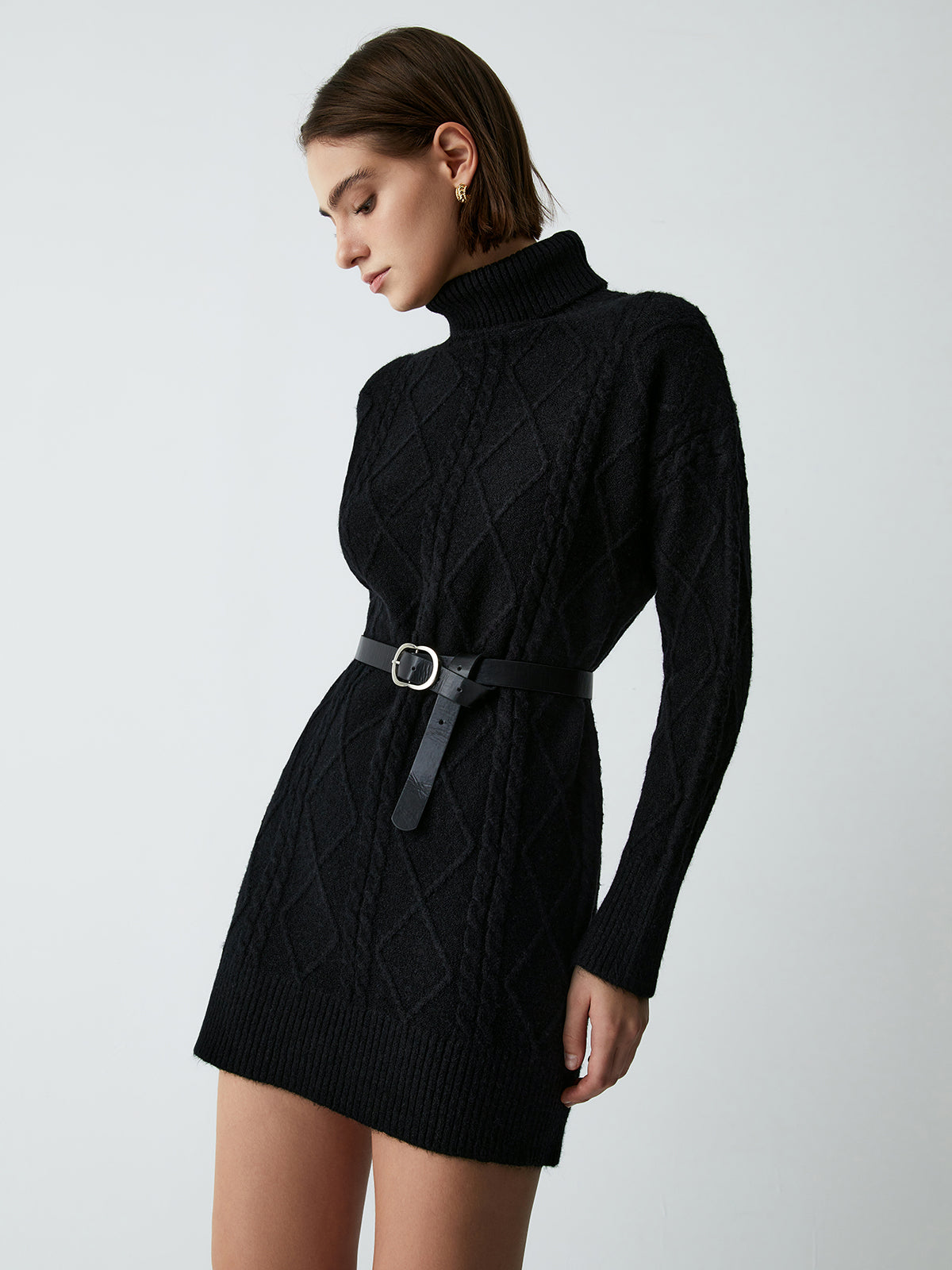 Belted Cable Knit Mock Neck Short Sweater Dress