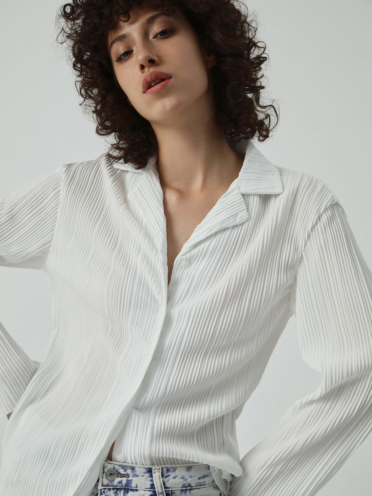 Plisse Button Down Long Sleeve Shirt