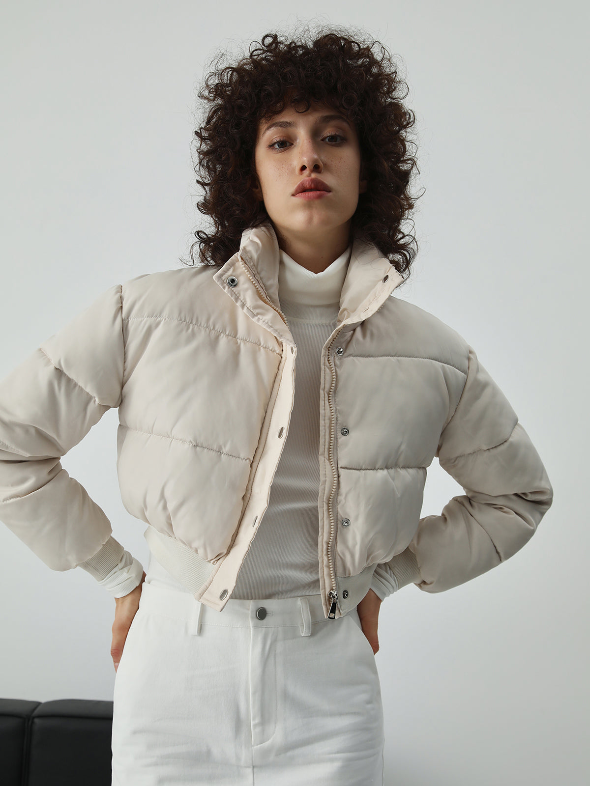Zip Up Qulited Puffer Stand Collar Crop Coat