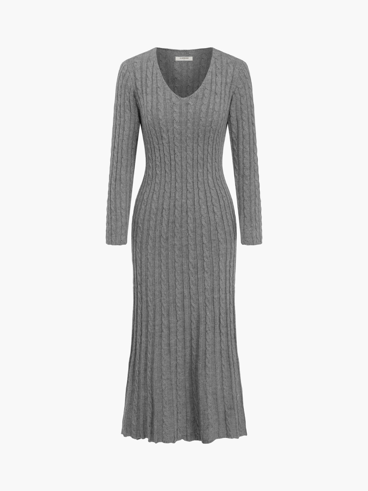Charcoal Cable Knit Long Sleeve Long Sweater Dress