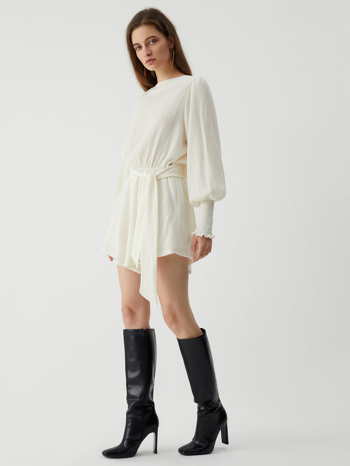 Tie Front Cowl Back Long Sleeve Short Dress