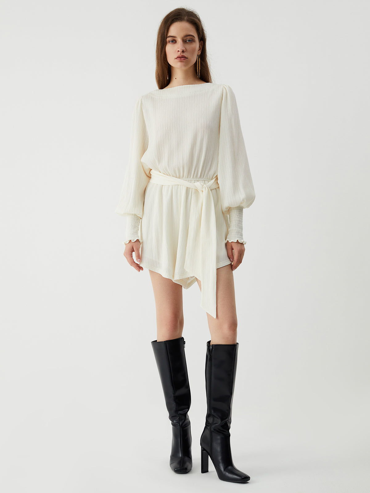 Tie Front Cowl Back Long Sleeve Short Dress