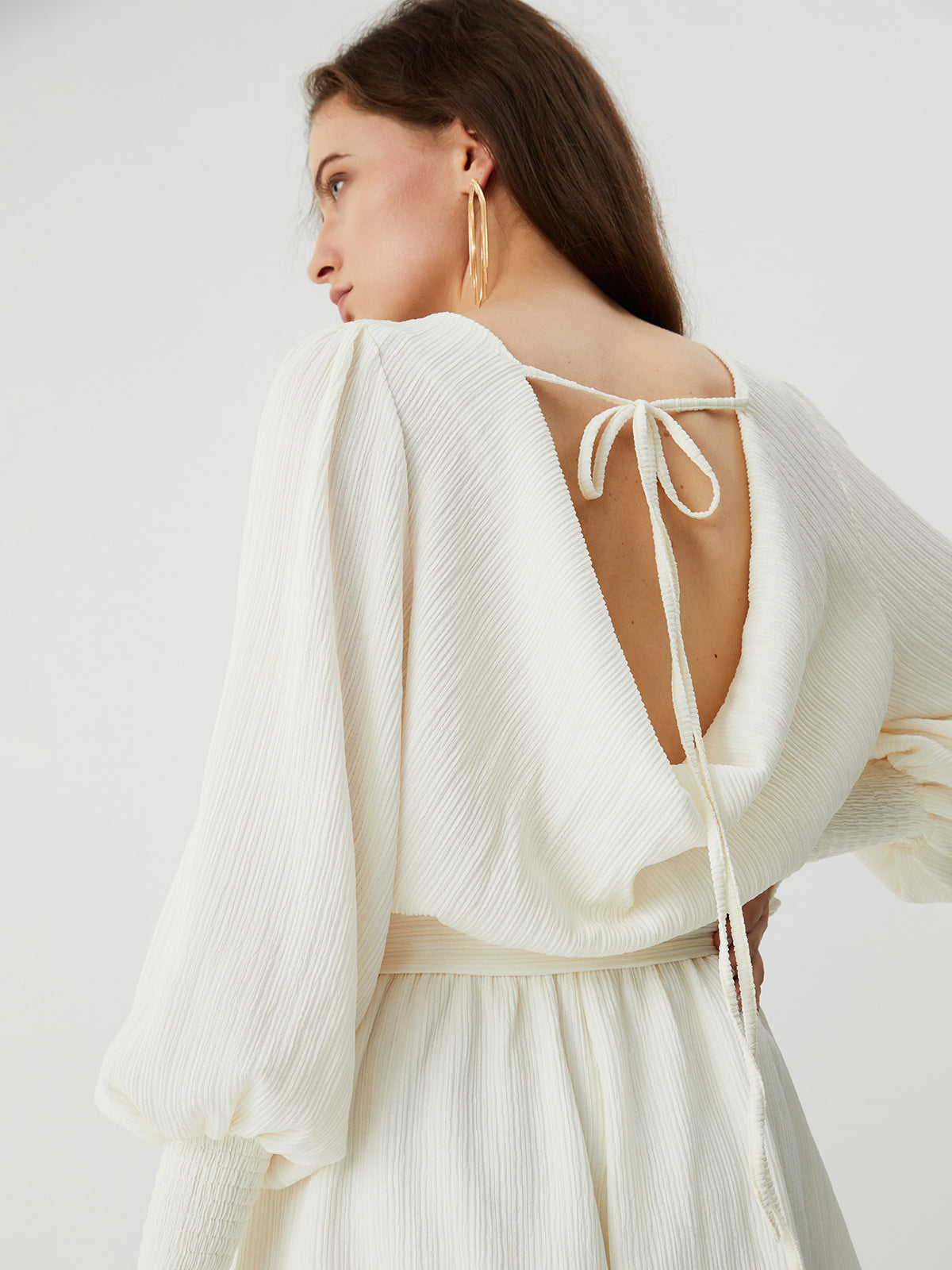Tie Front Cowl Back Long Sleeve Short Dress