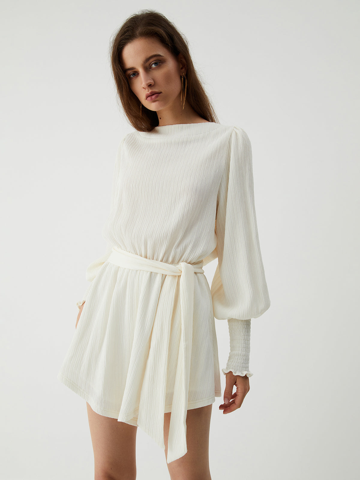 Tie Front Cowl Back Long Sleeve Short Dress