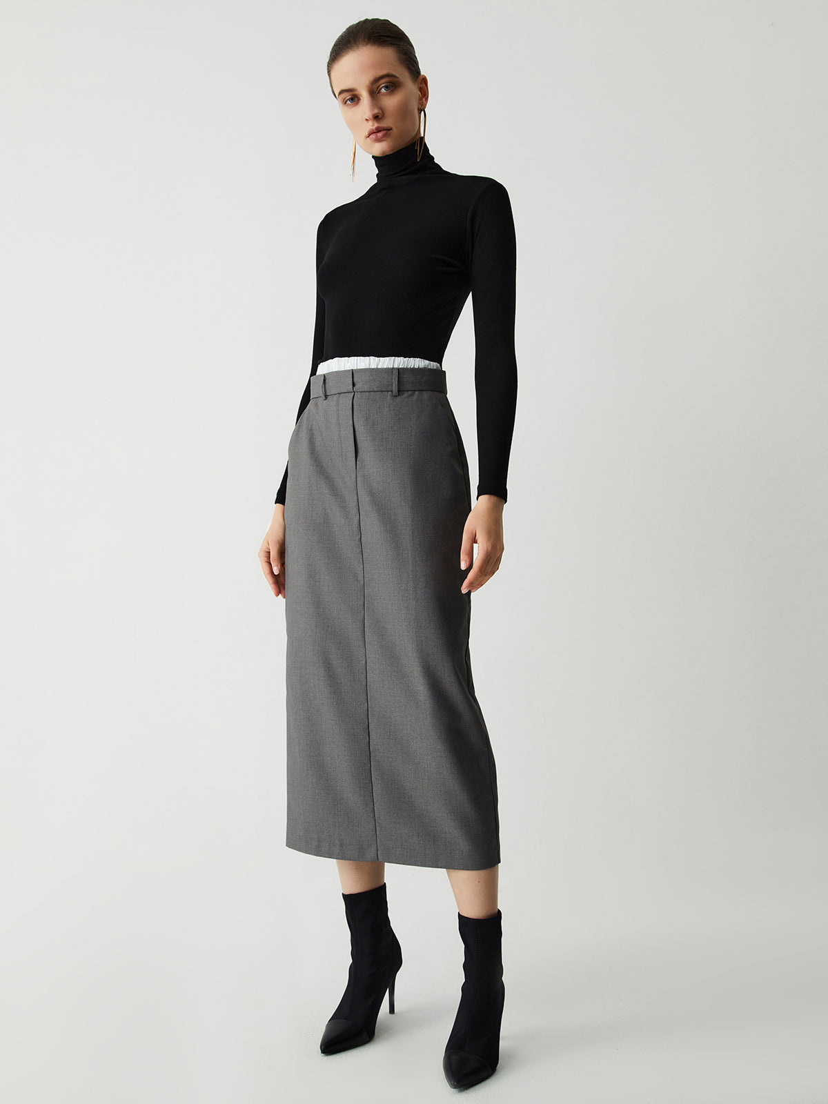 Patchwork Waistband Double Pockets Midi Skirt