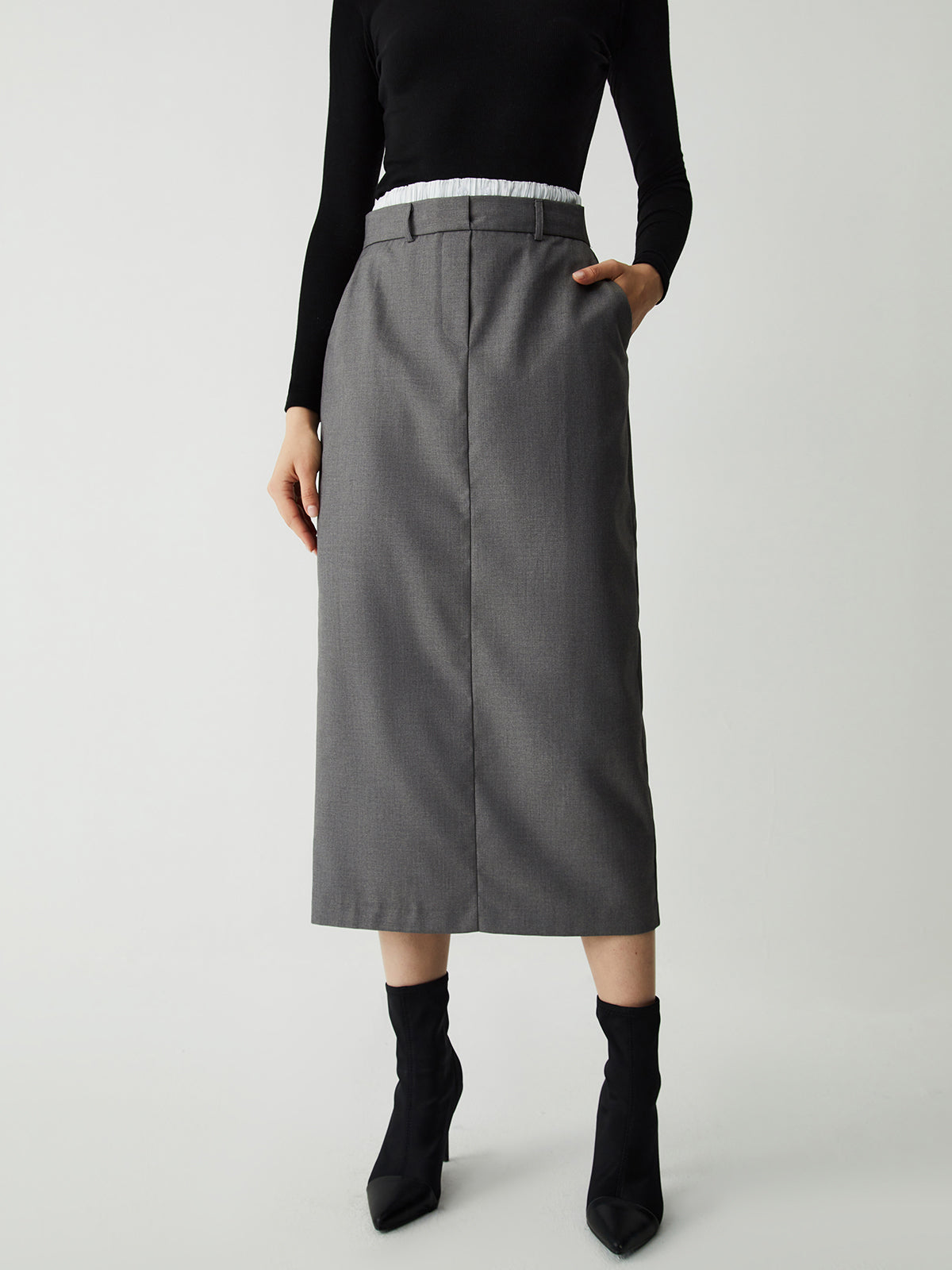 Patchwork Waistband Double Pockets Midi Skirt