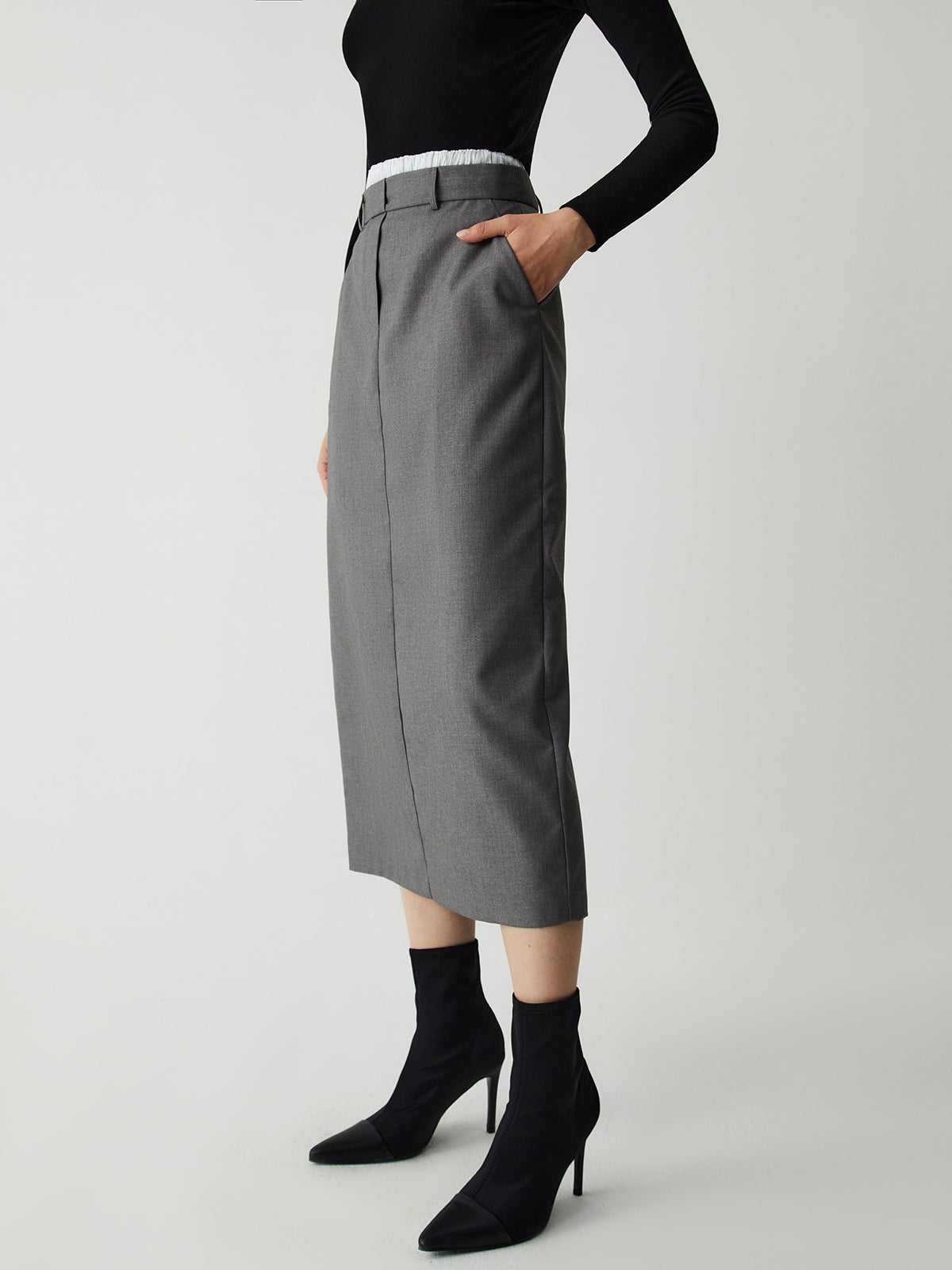 Patchwork Waistband Double Pockets Midi Skirt