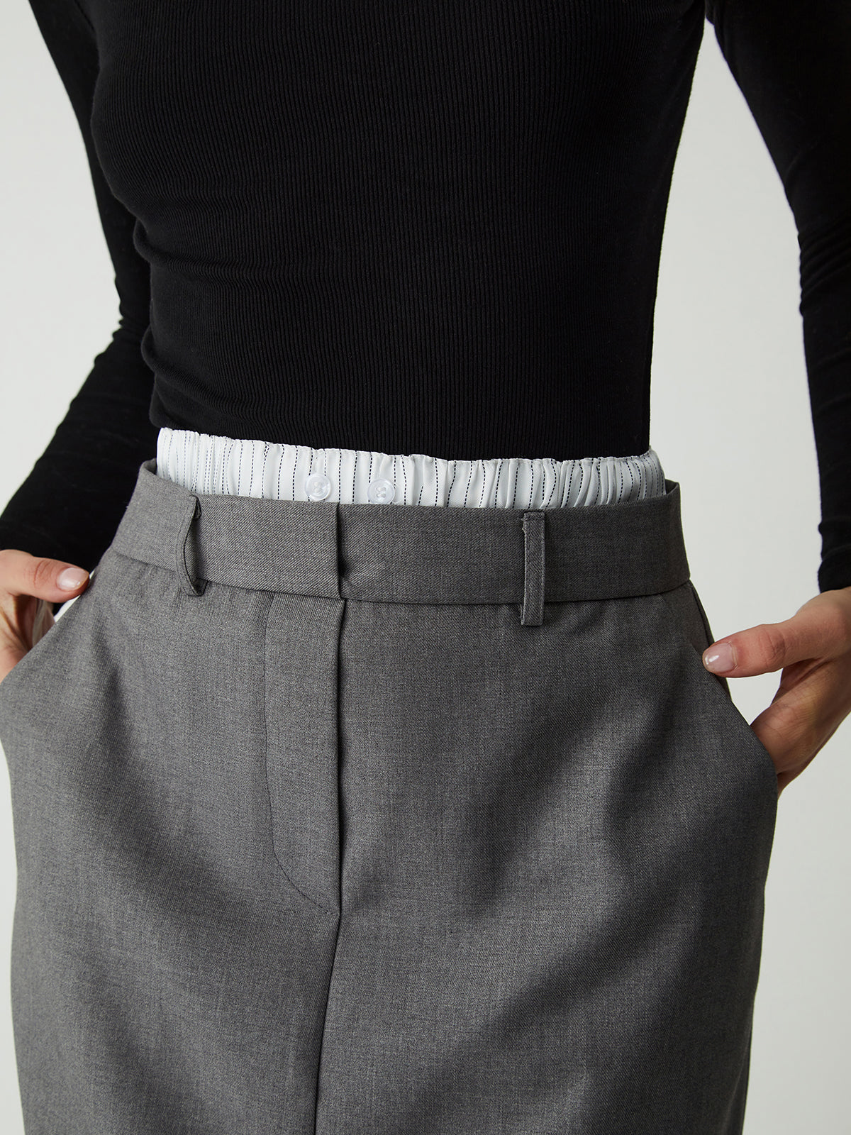 Patchwork Waistband Double Pockets Midi Skirt
