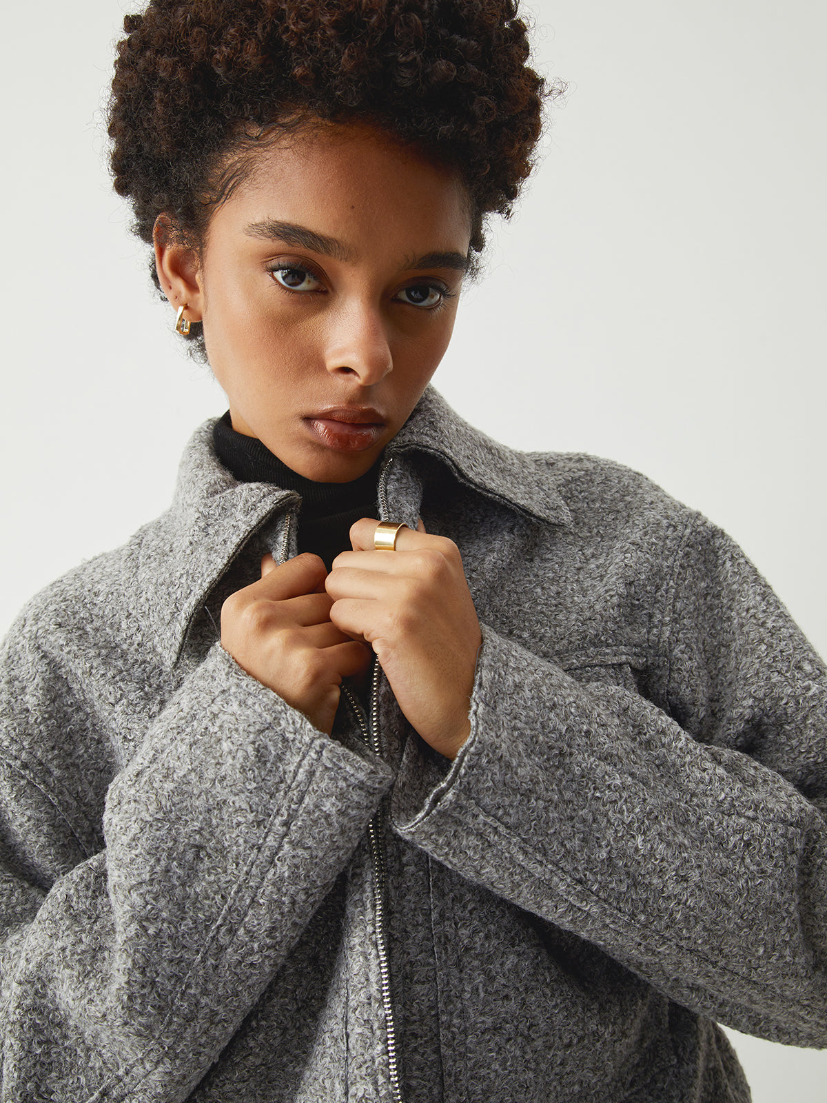 Tweed Open Collar Zip Up Crop Jacket