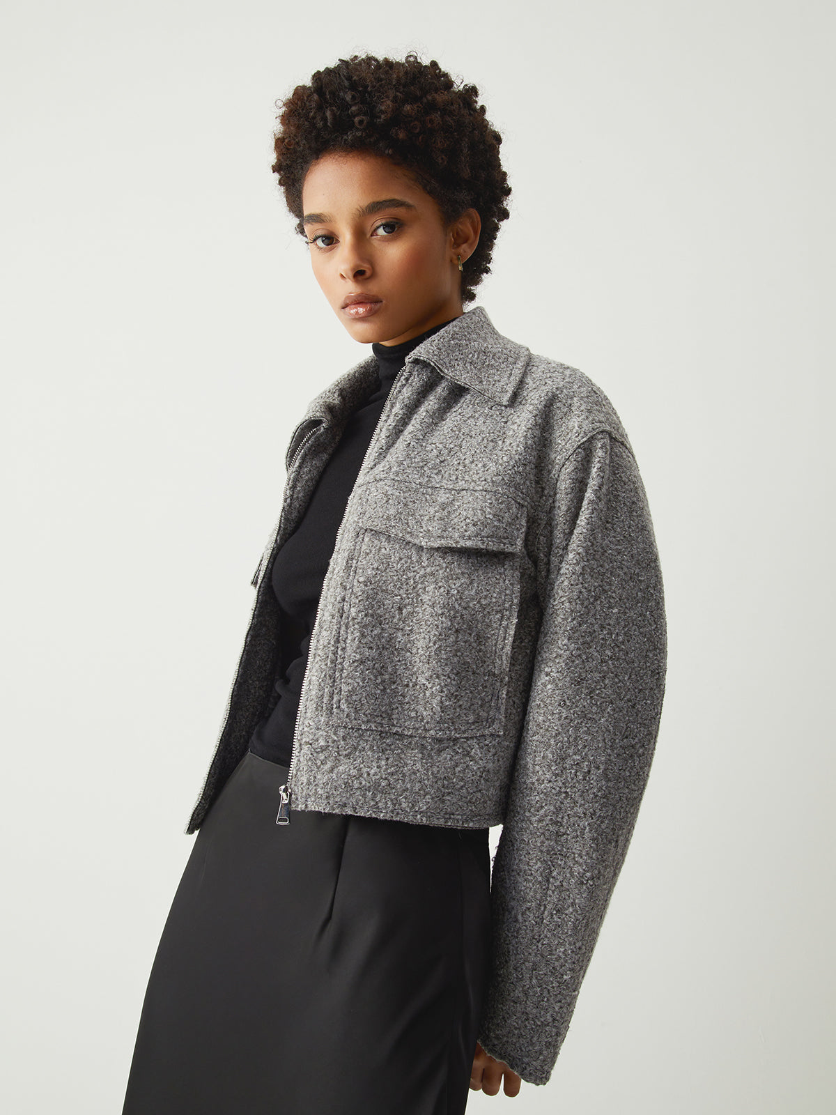 Tweed Open Collar Zip Up Crop Jacket