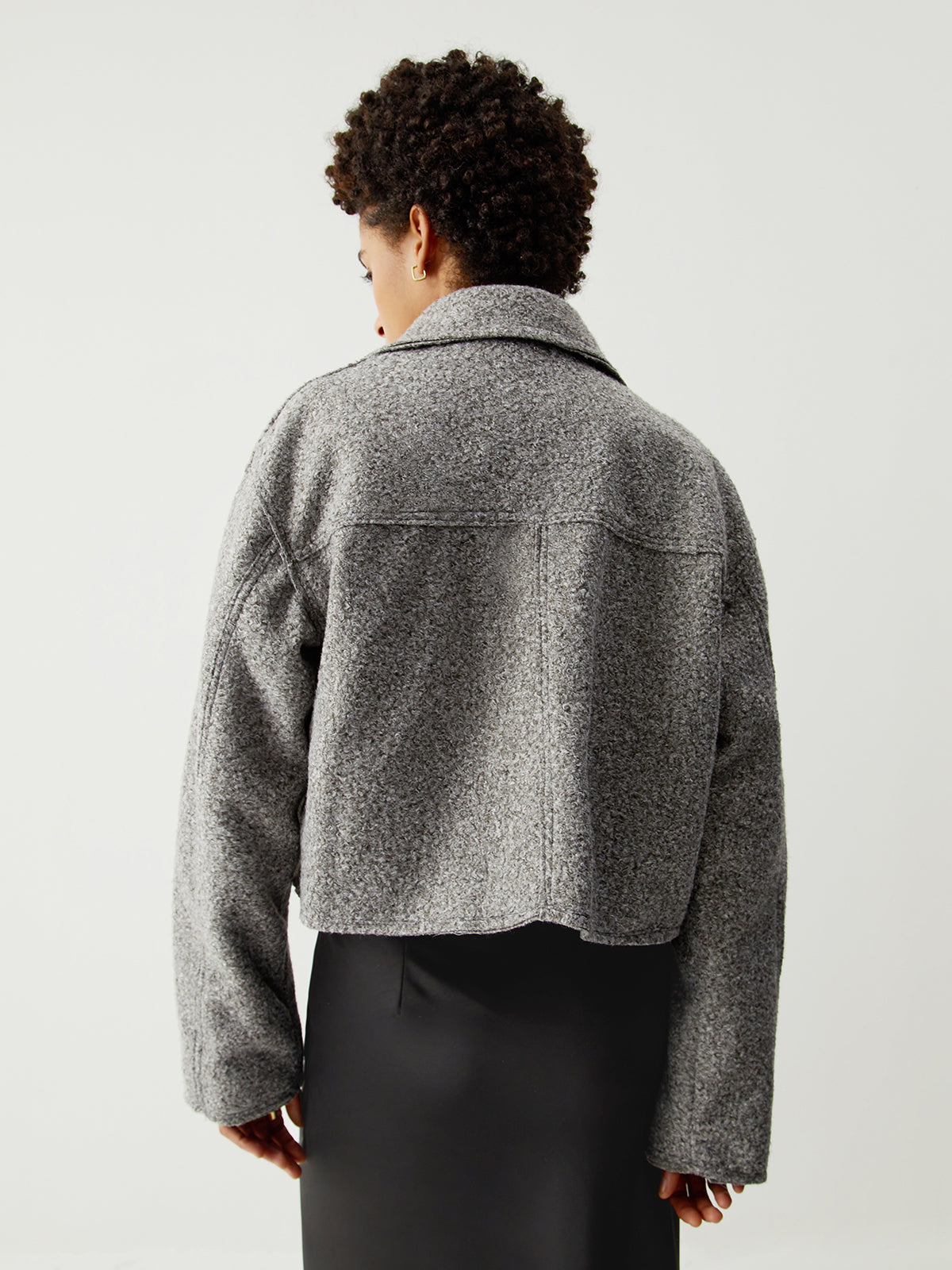 Tweed Open Collar Zip Up Crop Jacket
