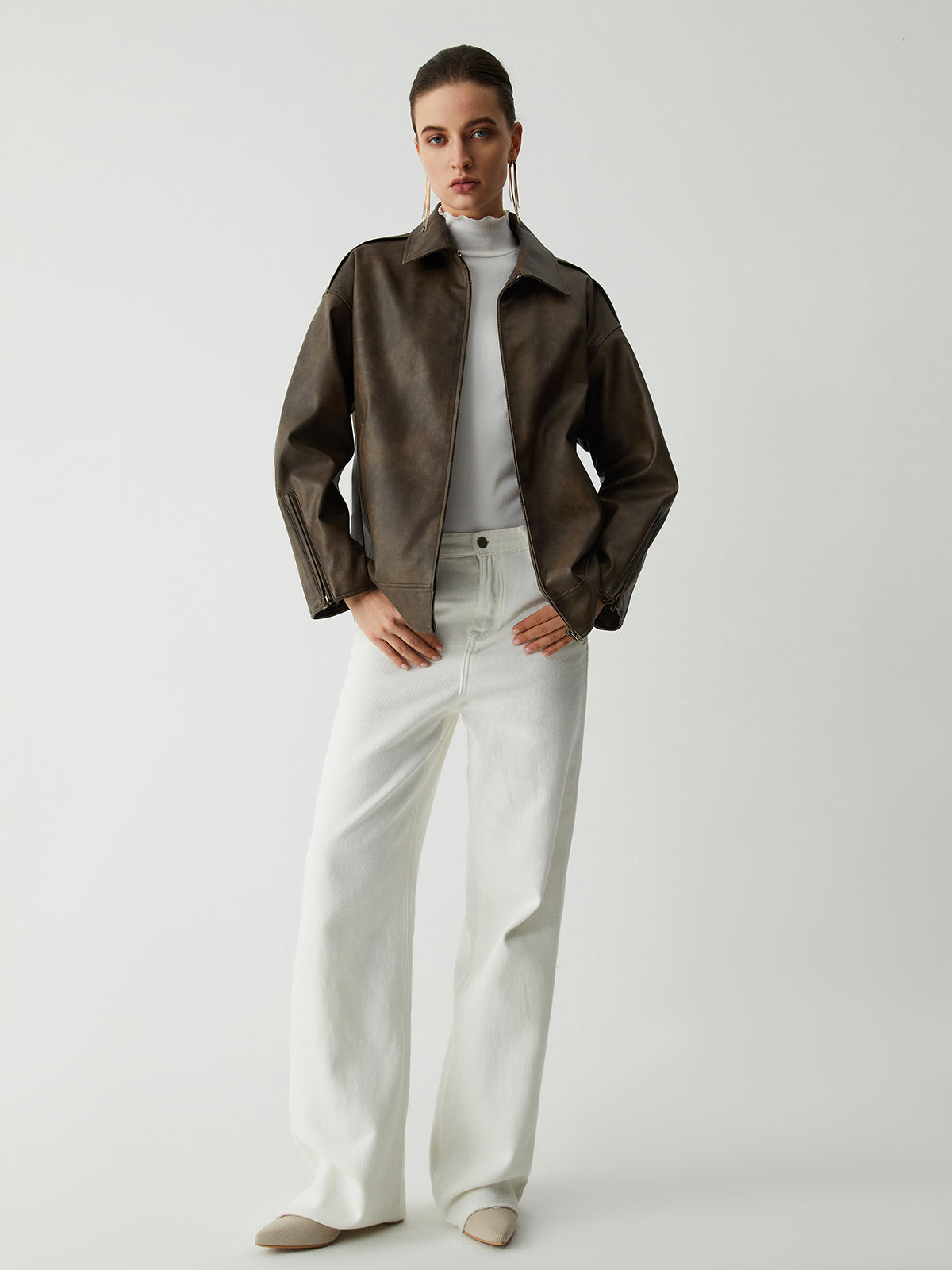 Distressed Leather Double Pockets Jacket