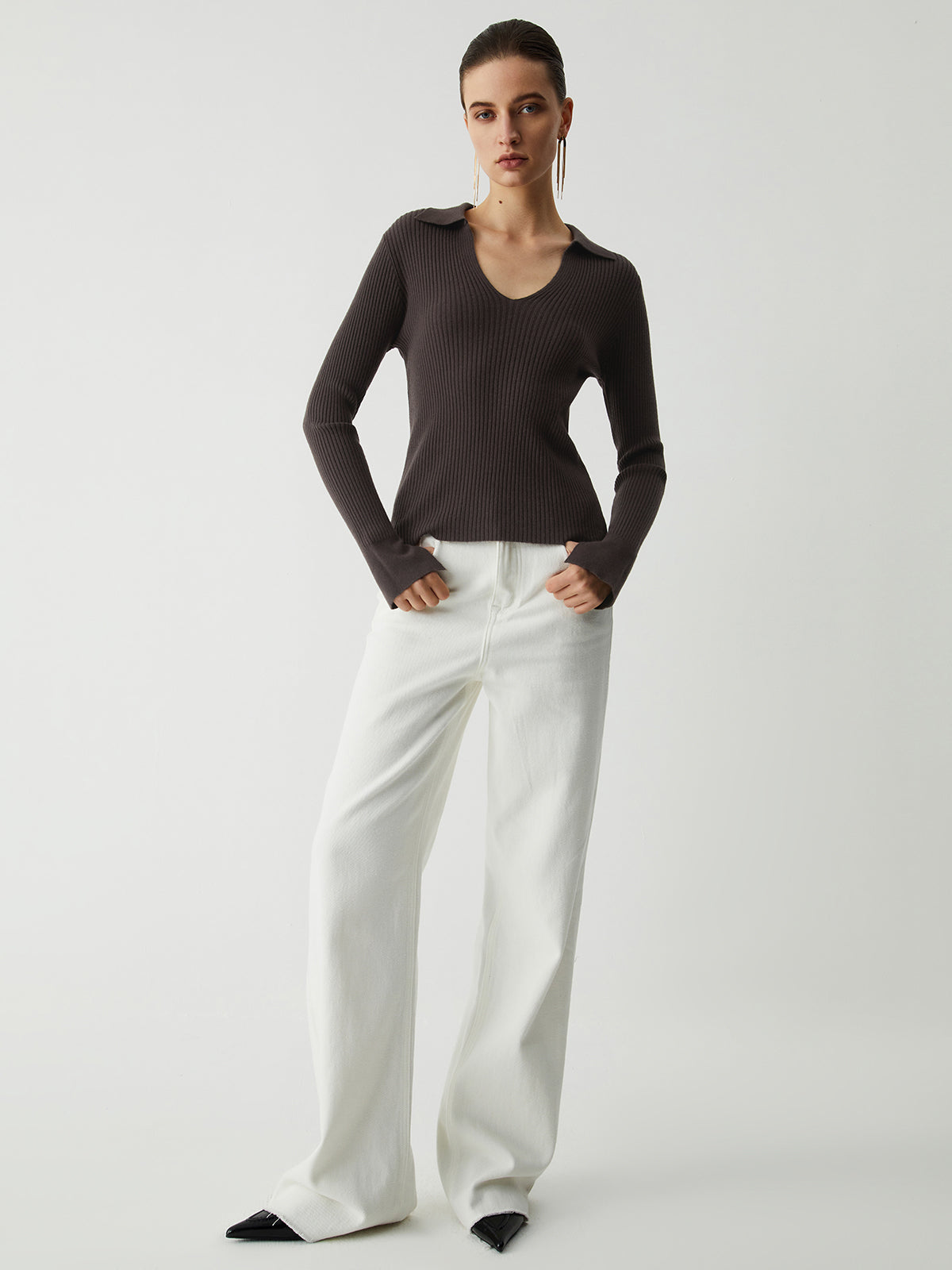 Chocolate Open Collar Long Sleeve Knit Top