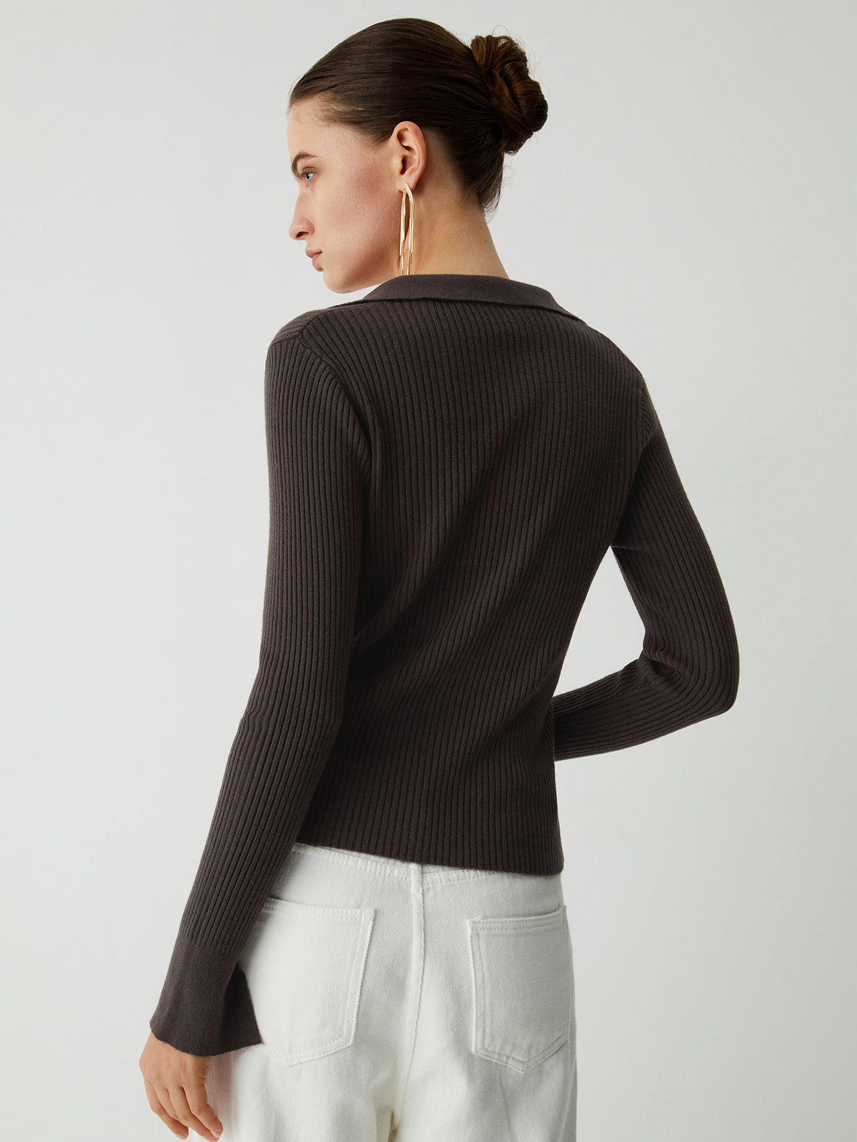 Chocolate Open Collar Long Sleeve Knit Top