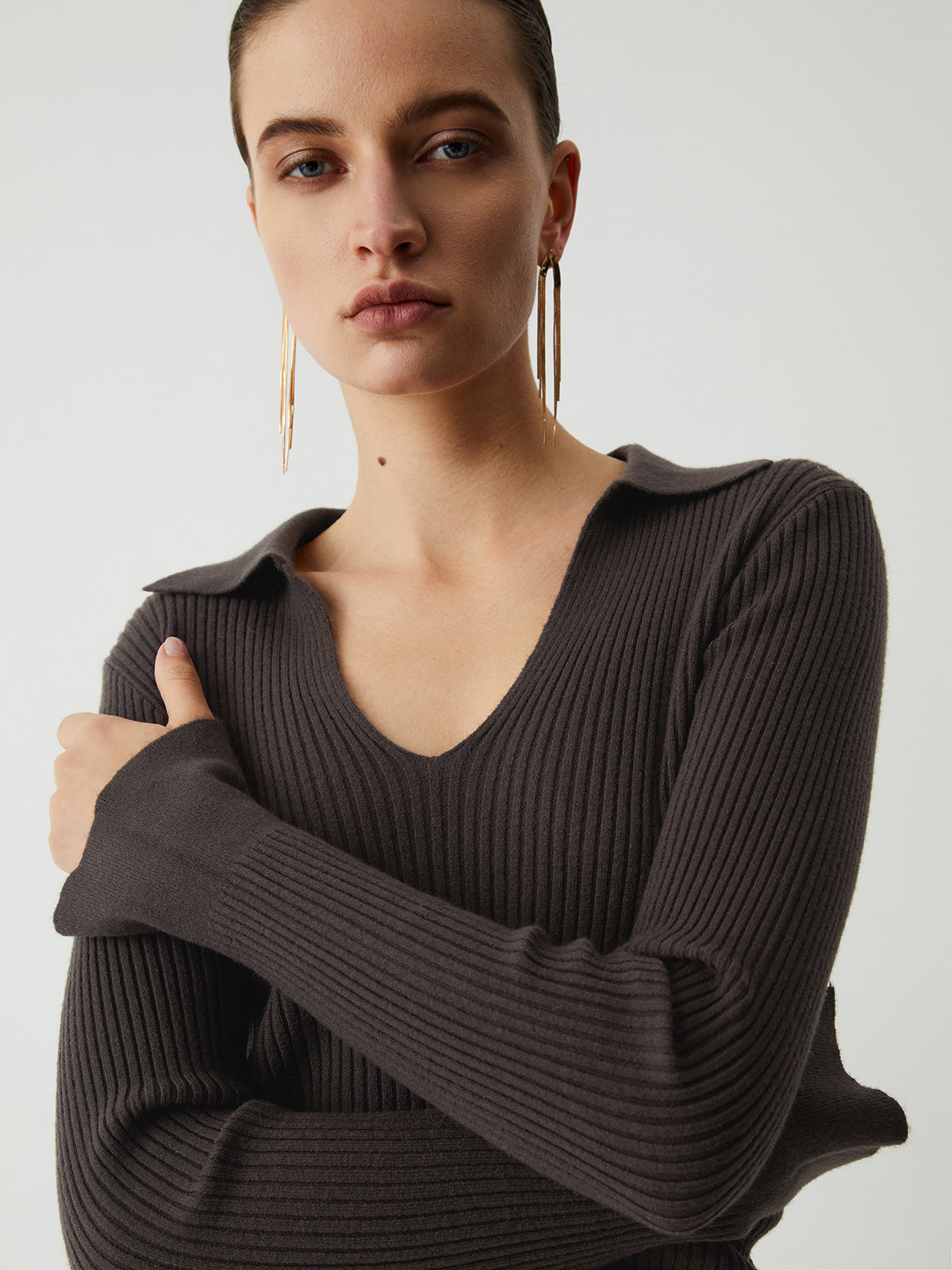 Chocolate Open Collar Long Sleeve Knit Top