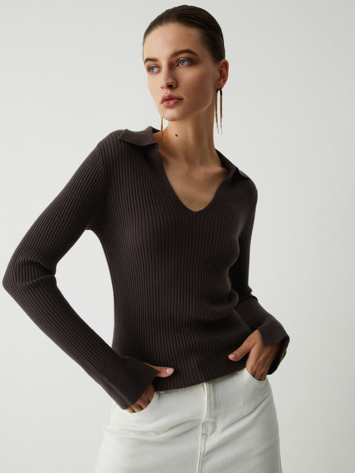 Chocolate Open Collar Long Sleeve Knit Top