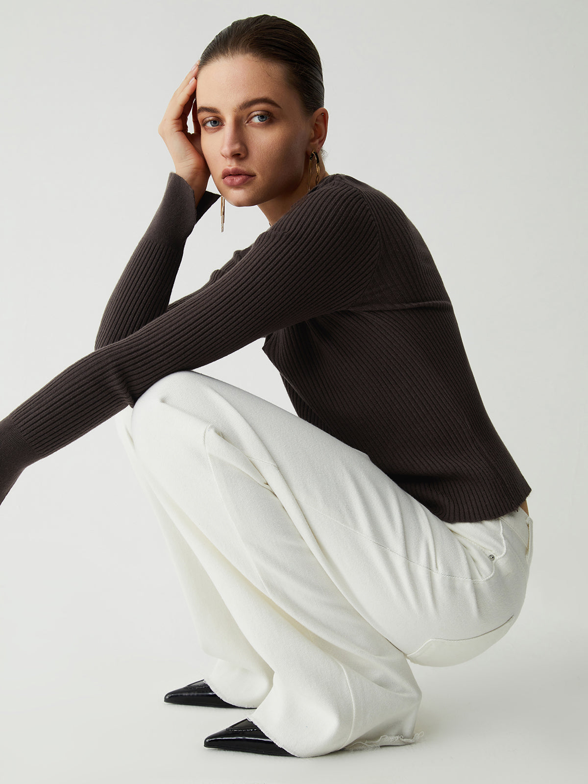 Chocolate Open Collar Long Sleeve Knit Top