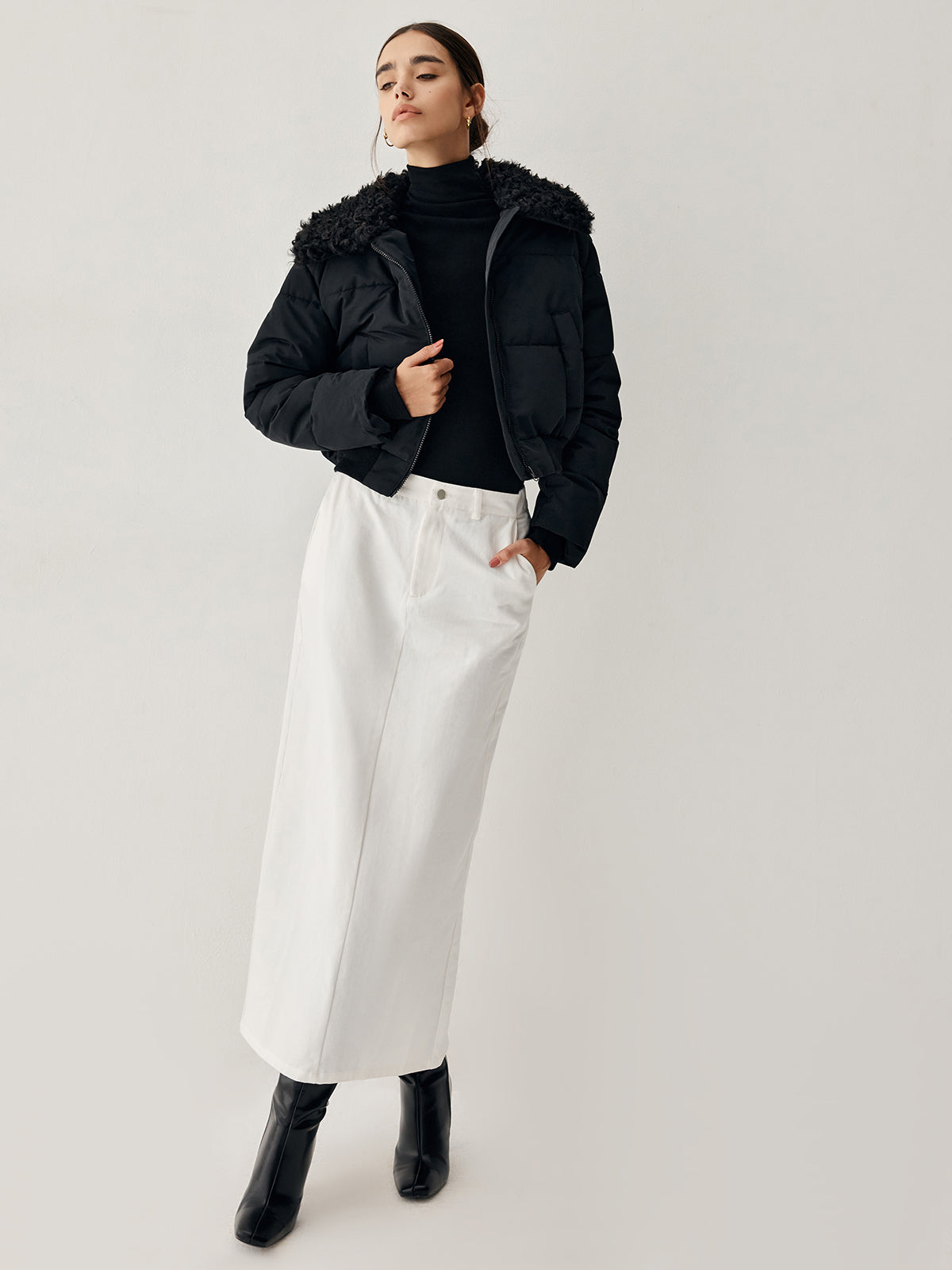 Fuzzy Trim Crop Quilted Bomber Jacket