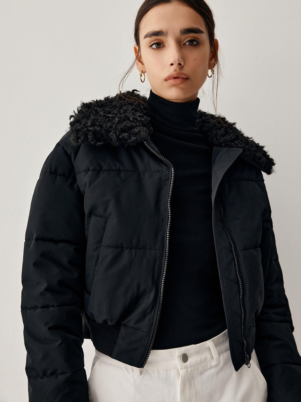 Fuzzy Trim Crop Quilted Bomber Jacket
