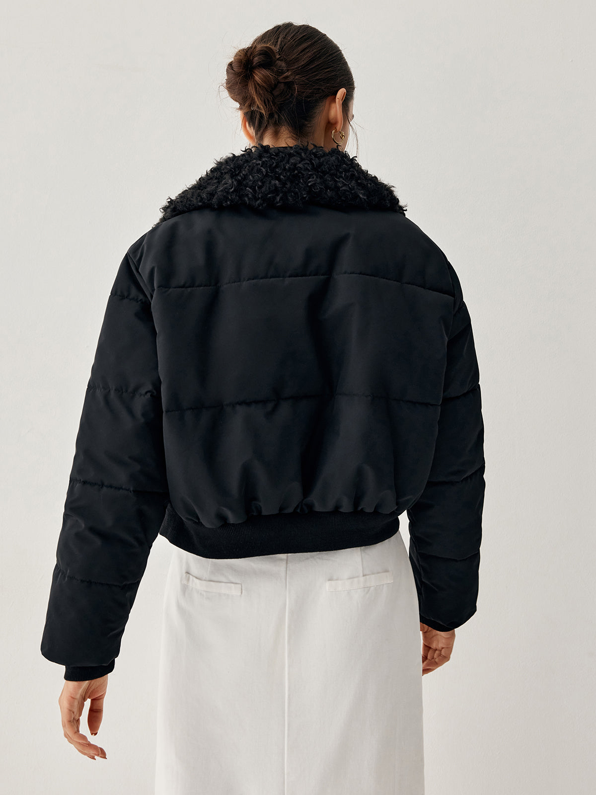 Fuzzy Trim Crop Quilted Bomber Jacket